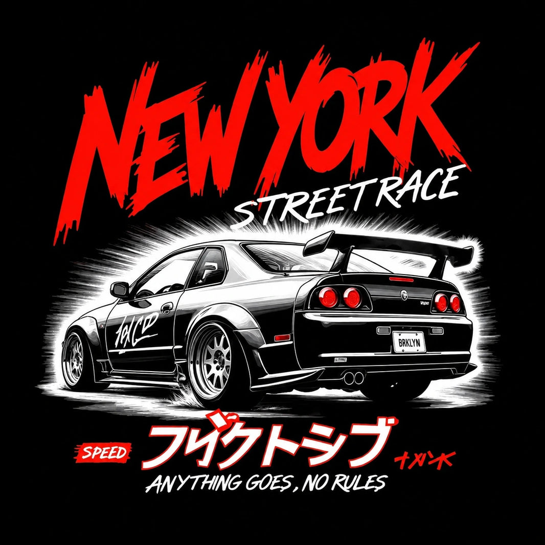 New York Street Race JDM car decal design on black background – Nissan Skyline R34 GT-R street race vinyl sticker