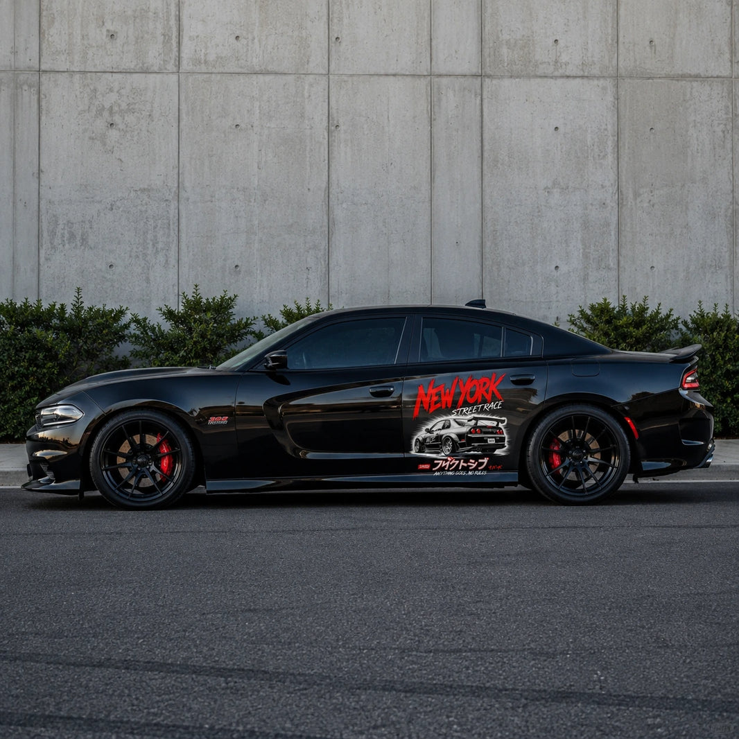 New York Street Race large JDM vinyl door decal on black Dodge Charger side panel – street racing car sticker