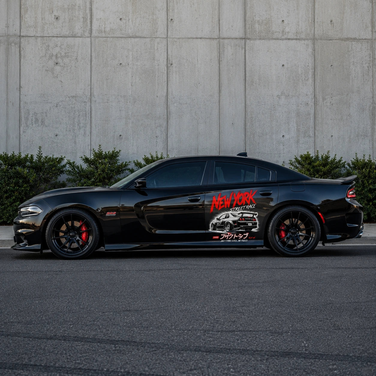 New York Street Race large JDM vinyl door decal on black Dodge Charger side panel – street racing car sticker
