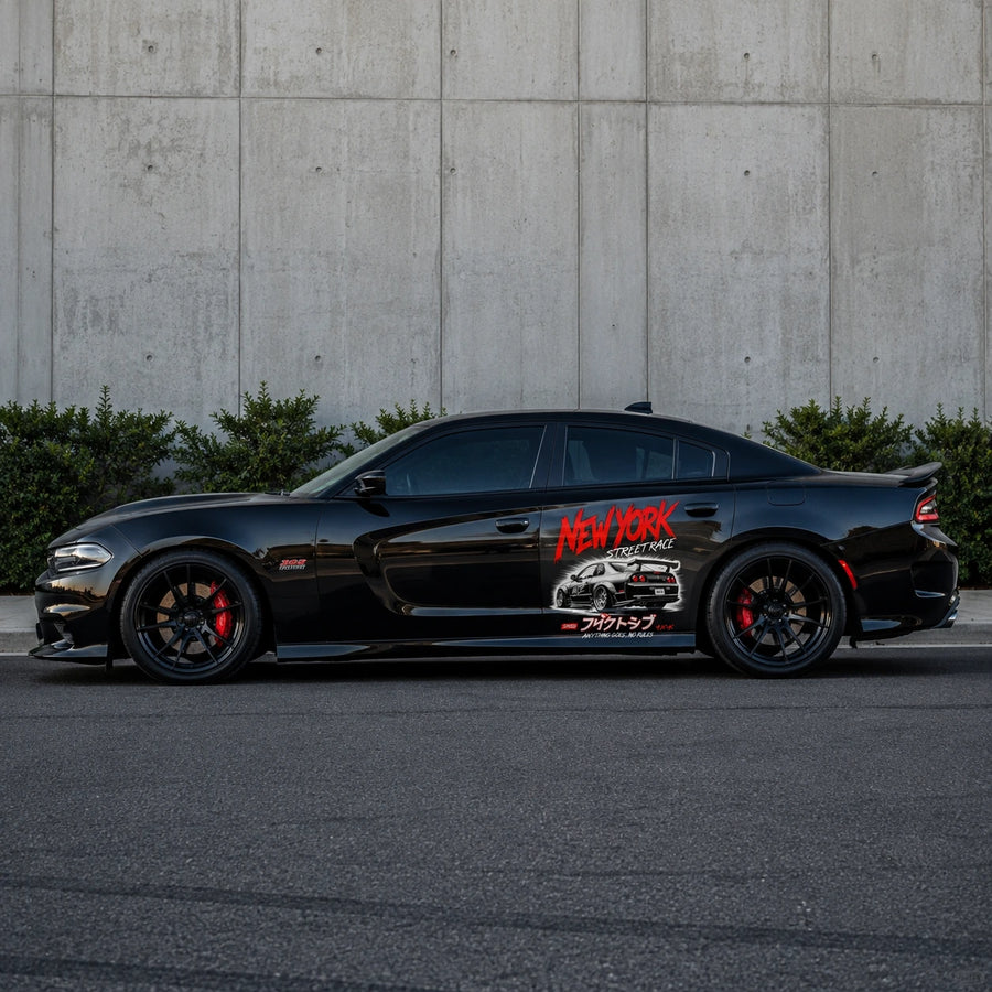 New York Street Race large JDM vinyl door decal on black Dodge Charger side panel – street racing car sticker
