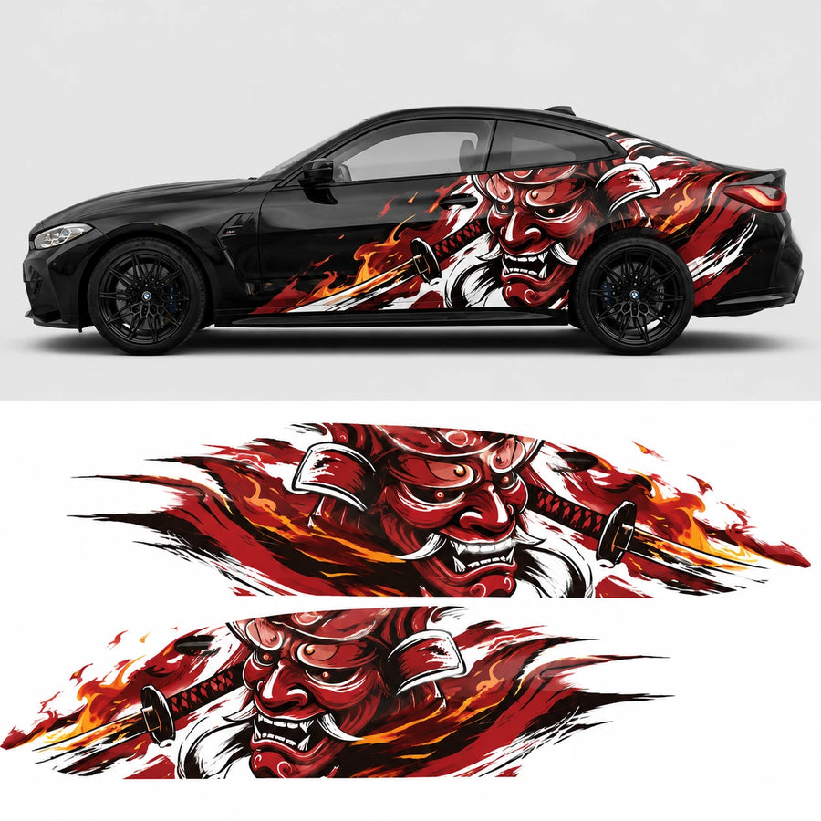 Oni demon samurai car side decal mockup on black BMW M4 – side profile with flat left and right decal artwork below