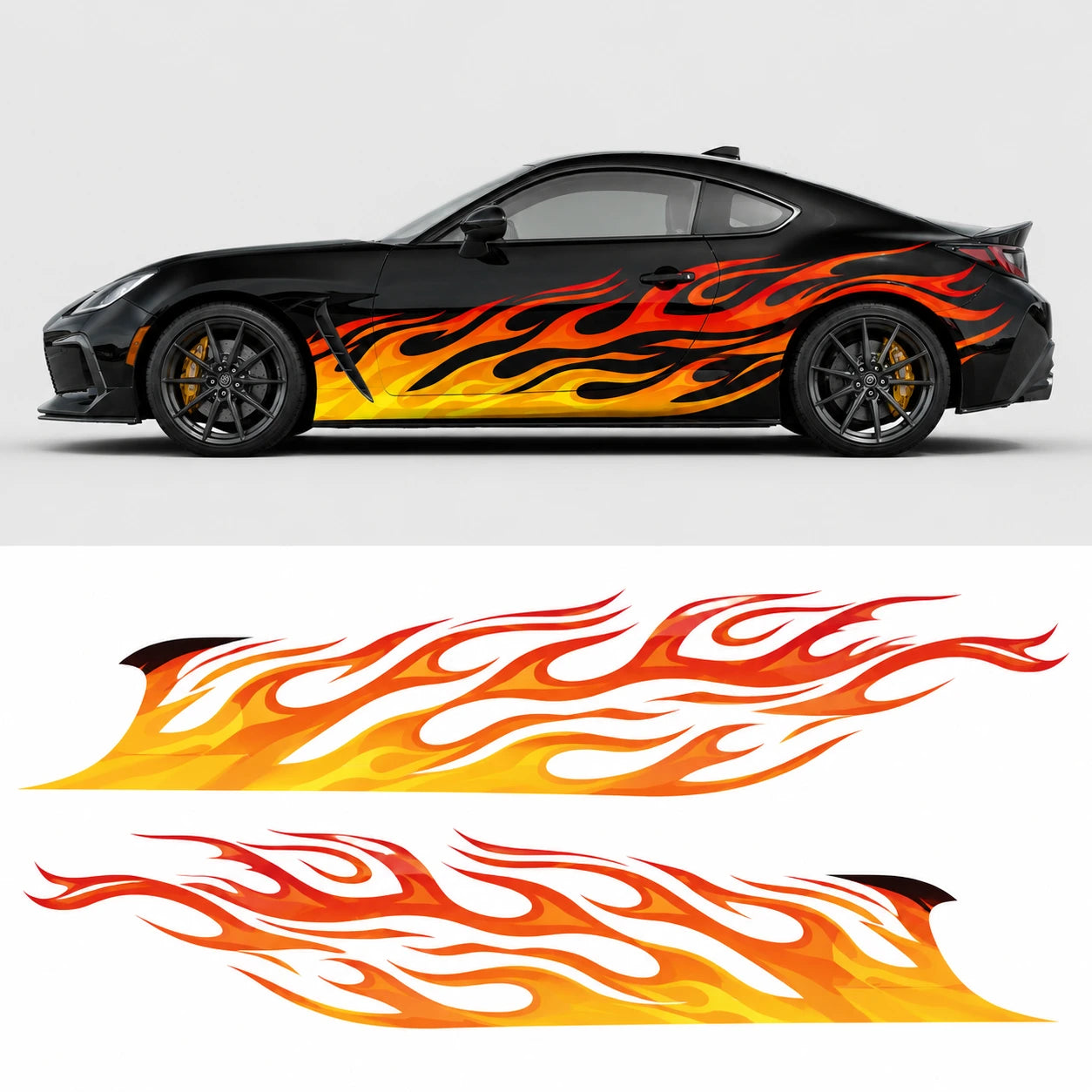 Orange flame car side decal mockup on black Toyota GR86 – full side profile with flat left and right flame decal artwork below