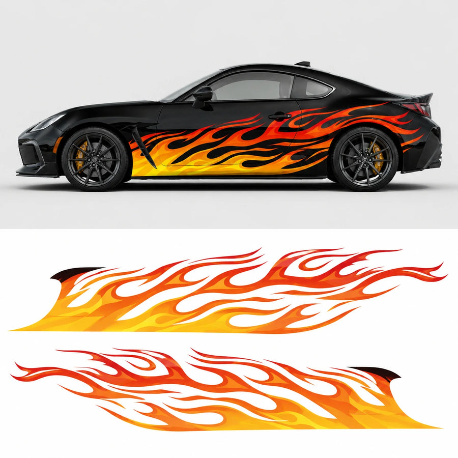 Orange flame car side decal mockup on black Toyota GR86 – full side profile with flat left and right flame decal artwork below
