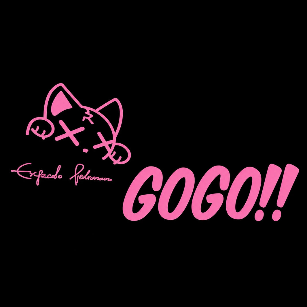 Pink kawaii cat GOGO!! car decal design on black background – cute anime cat vinyl sticker with bold pink lettering