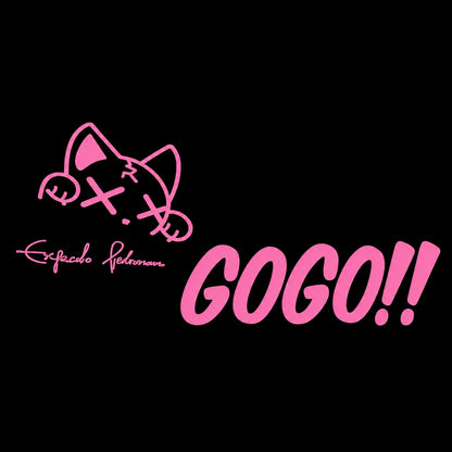 Pink kawaii cat GOGO!! car decal design on black background – cute anime cat vinyl sticker with bold pink lettering