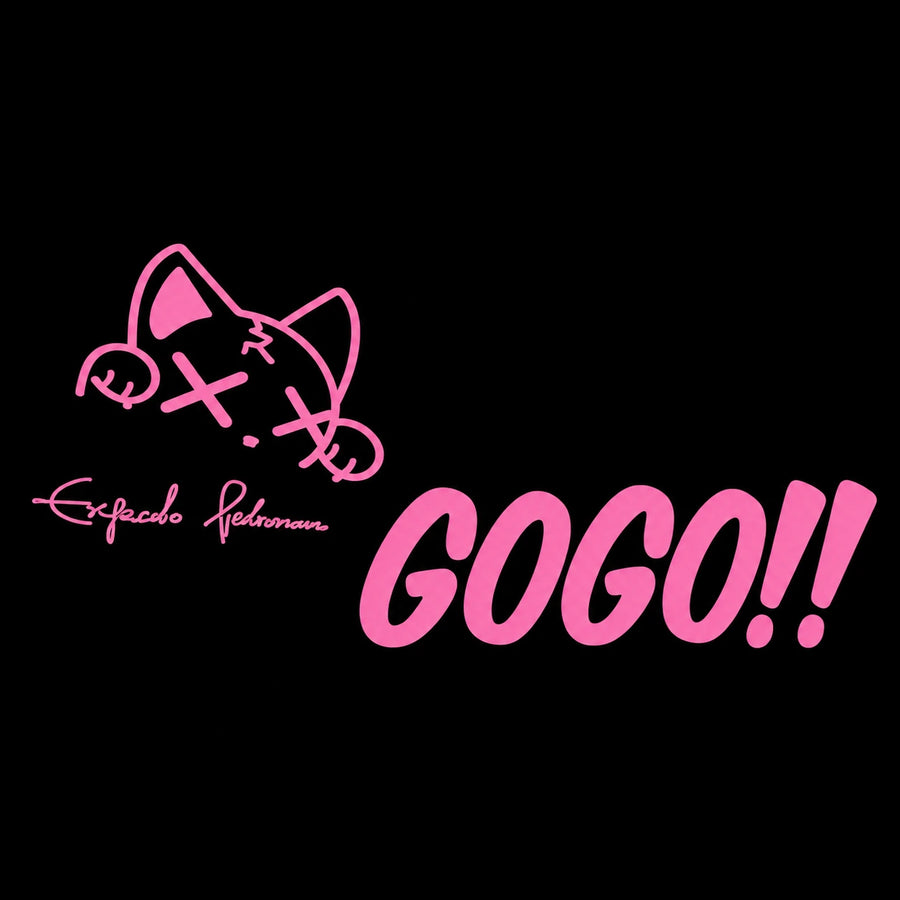 Pink kawaii cat GOGO!! car decal design on black background – cute anime cat vinyl sticker with bold pink lettering