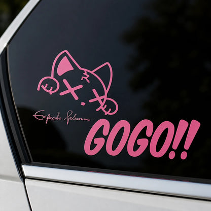Pink kawaii cat GOGO!! car window decal close-up on dark tinted glass – cute cat vinyl sticker by WEEM Custom