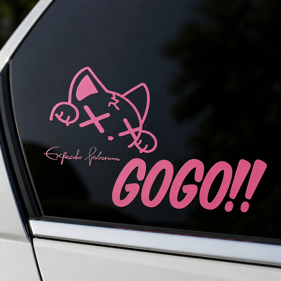 Pink kawaii cat GOGO!! car window decal close-up on dark tinted glass – cute cat vinyl sticker by WEEM Custom