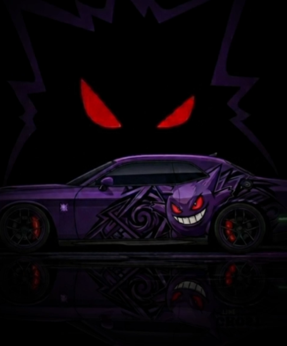 Load Video: Dodge Challenger with custom Gengar Pokemon full body decal wrap — dark purple anime car wrap showcase video by WEEM Custom