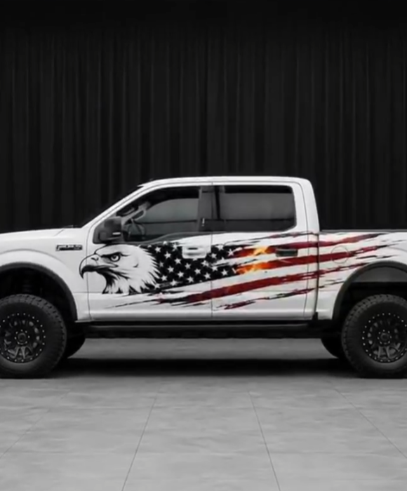 Load Video: Ford F-150 Raptor with bald eagle and American flag full side decal wrap — patriotic truck wrap showcase video by WEEM Custom