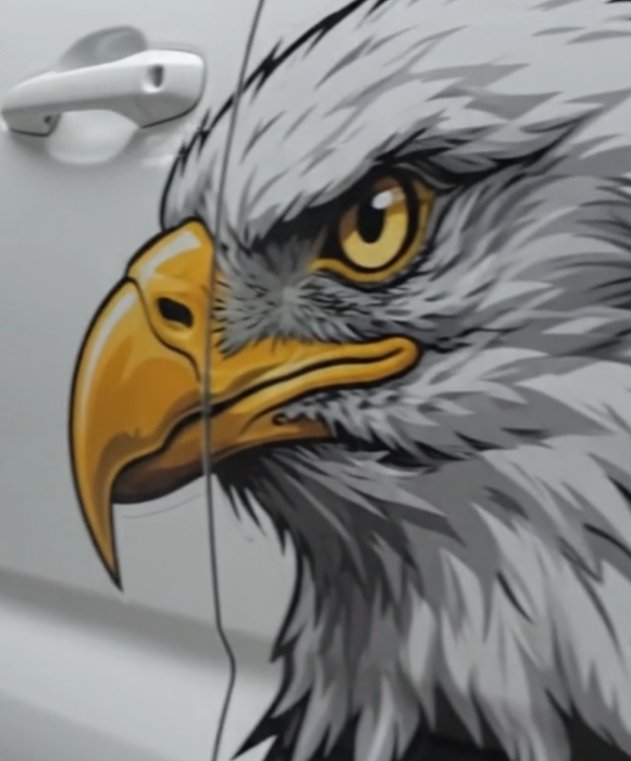 Load Video: Close-up of bald eagle head custom vehicle decal being applied — truck wrap installation process video by WEEM Custom