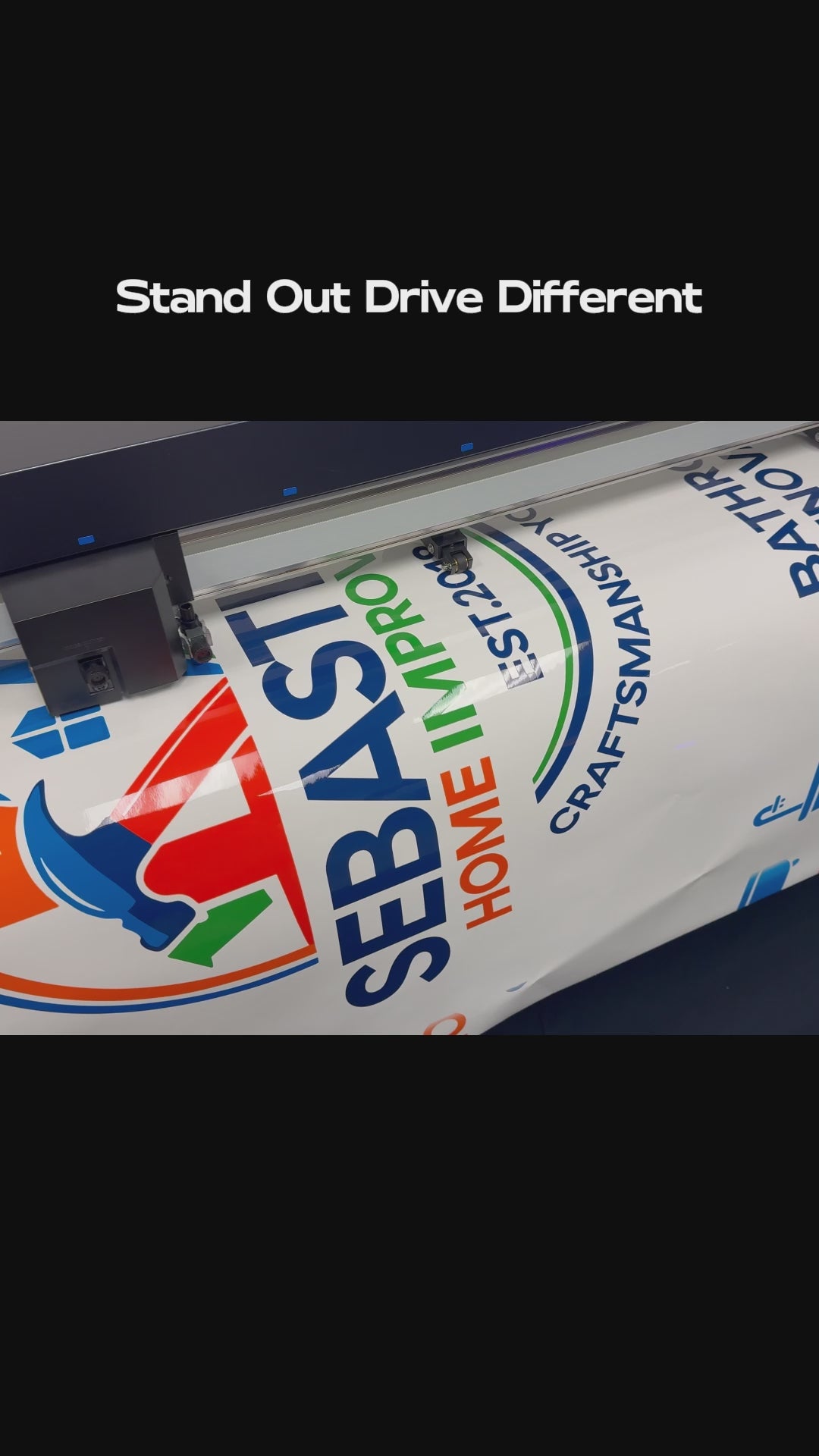 Load Video: Large format printer producing custom vehicle wrap decal — "Stand Out Drive Different" custom car decal printing process by WEEM Custom