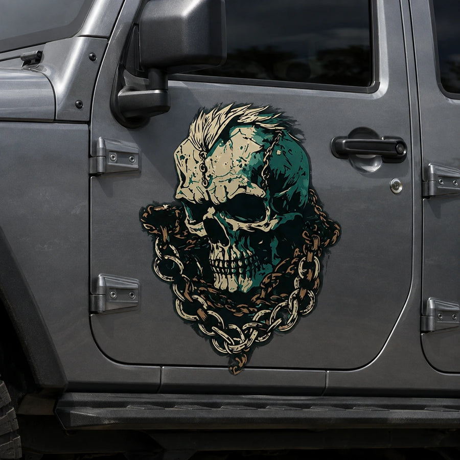 Punk Skull Chain vinyl decal sticker on gray Jeep Wrangler front door close up teal mohawk skull