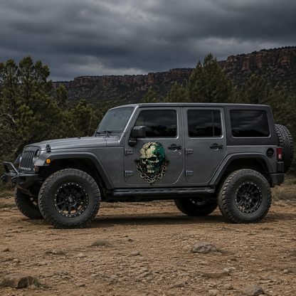 Punk Skull Chain vinyl decal on gray Jeep Wrangler Unlimited full side view forest trail