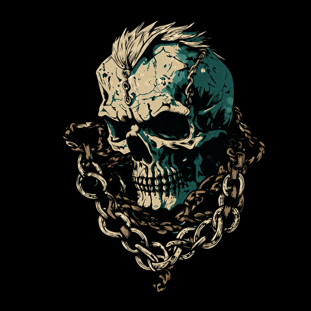 Punk Skull Chain vinyl decal logo mohawk skull heavy chains teal cream gold black background