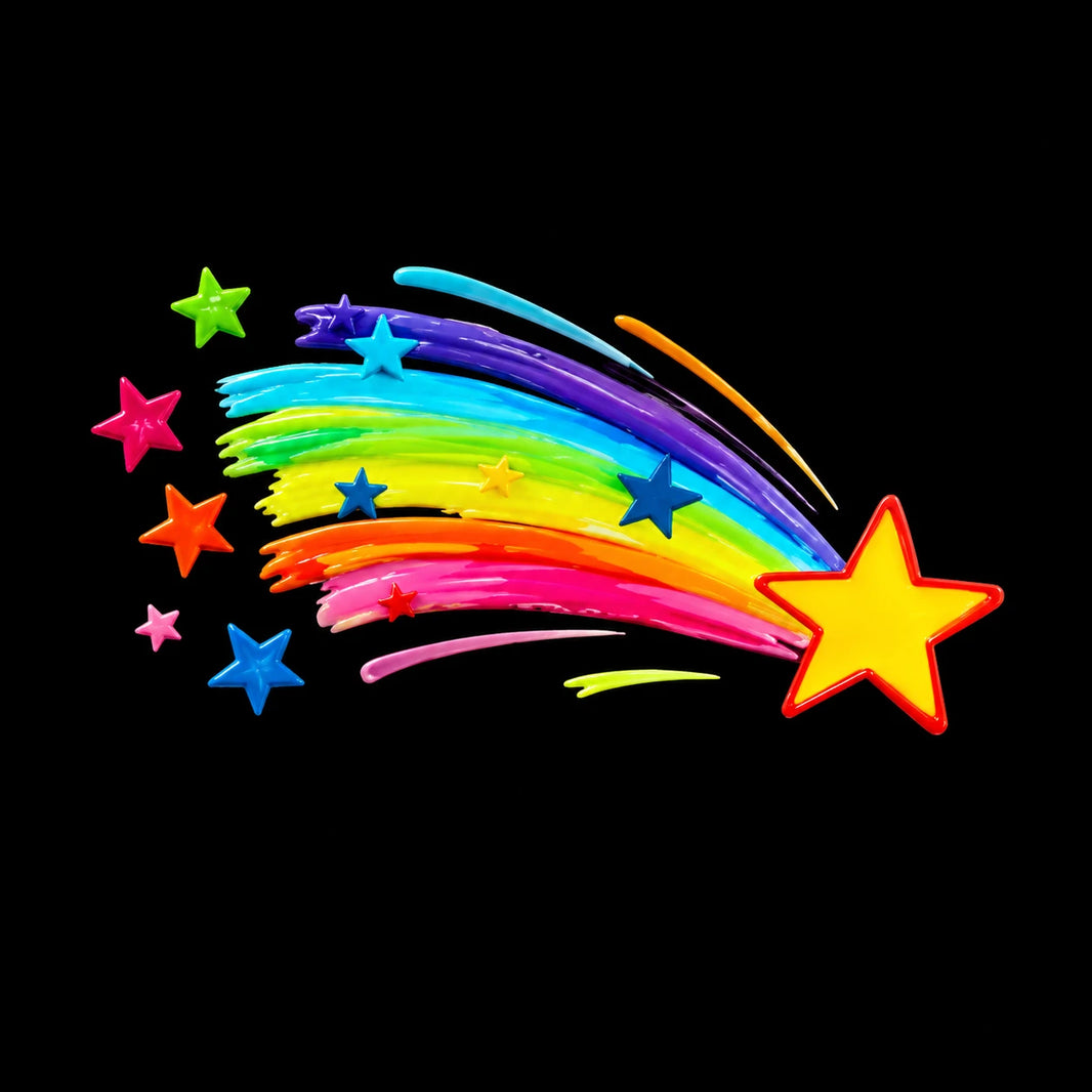Rainbow shooting star vinyl decal design isolated on black background showing full color rainbow arc and multi-color stars