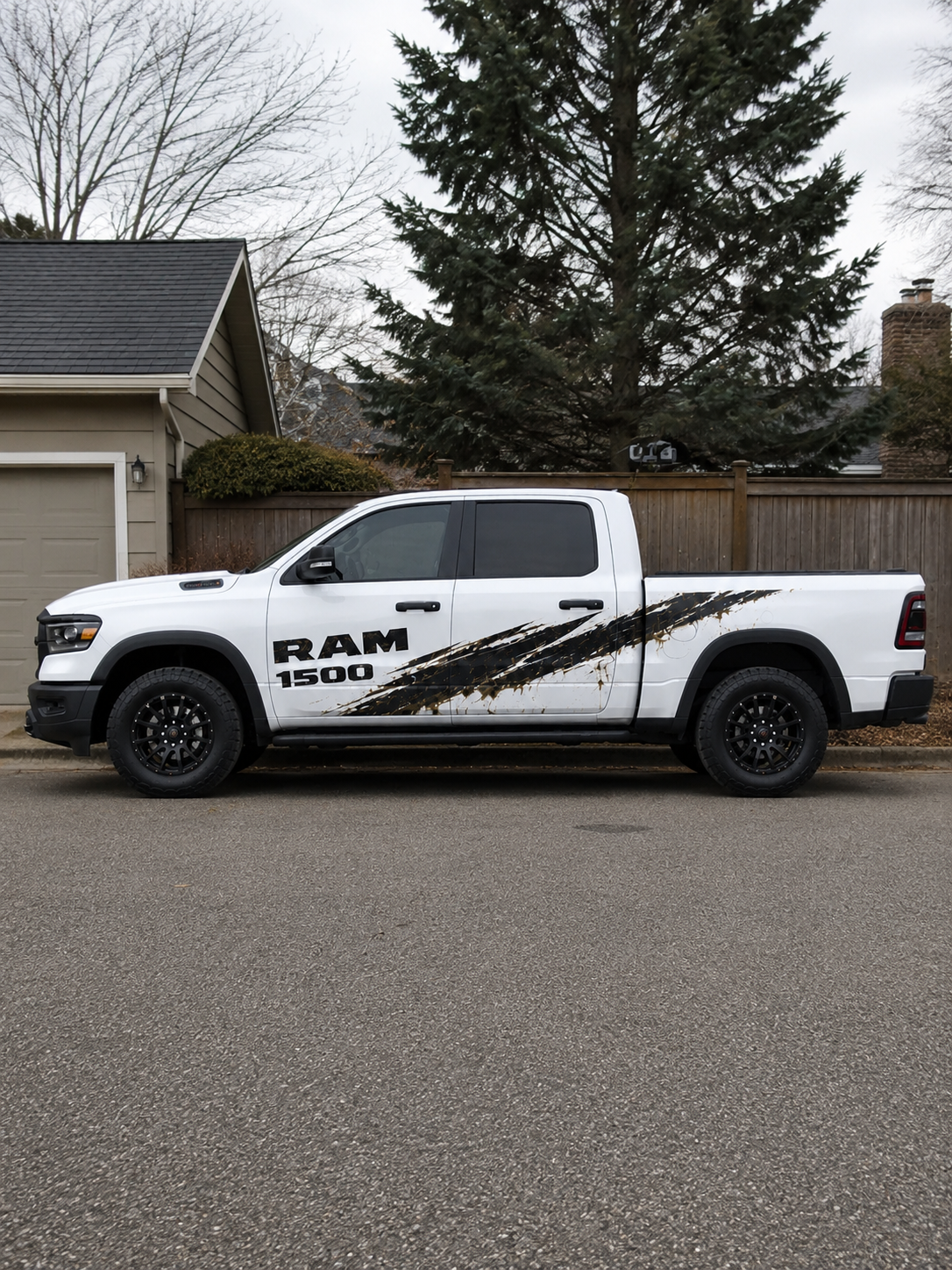RAM 1500 truck with custom black and white side decal wrap — aggressive scratch graphic design by WEEM Custom