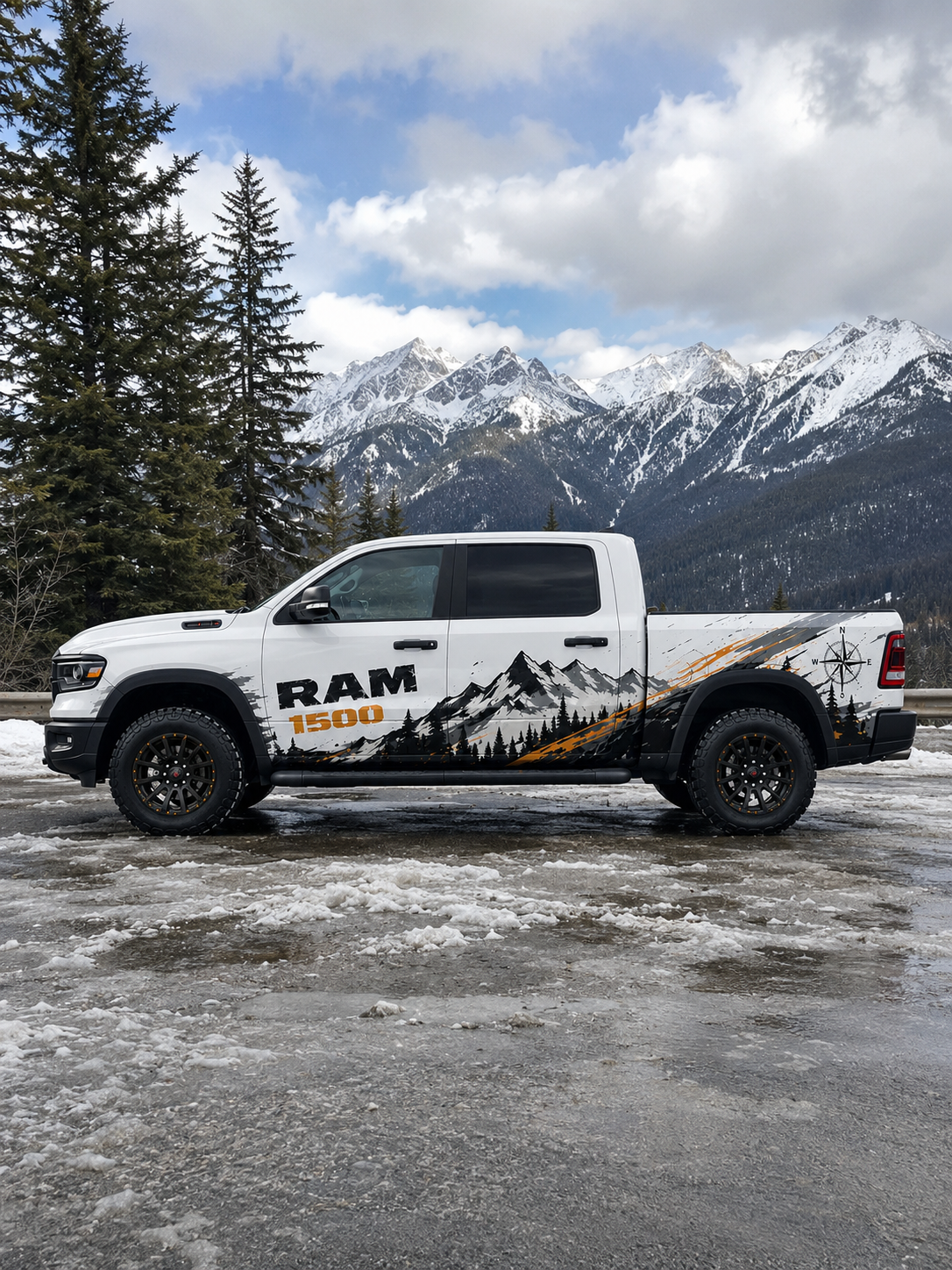 RAM 1500 truck with custom mountain landscape side decal wrap — forest and snow peak graphic design by WEEM Custom