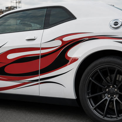 Red black flame decal close up on Dodge Challenger door and rear quarter panel