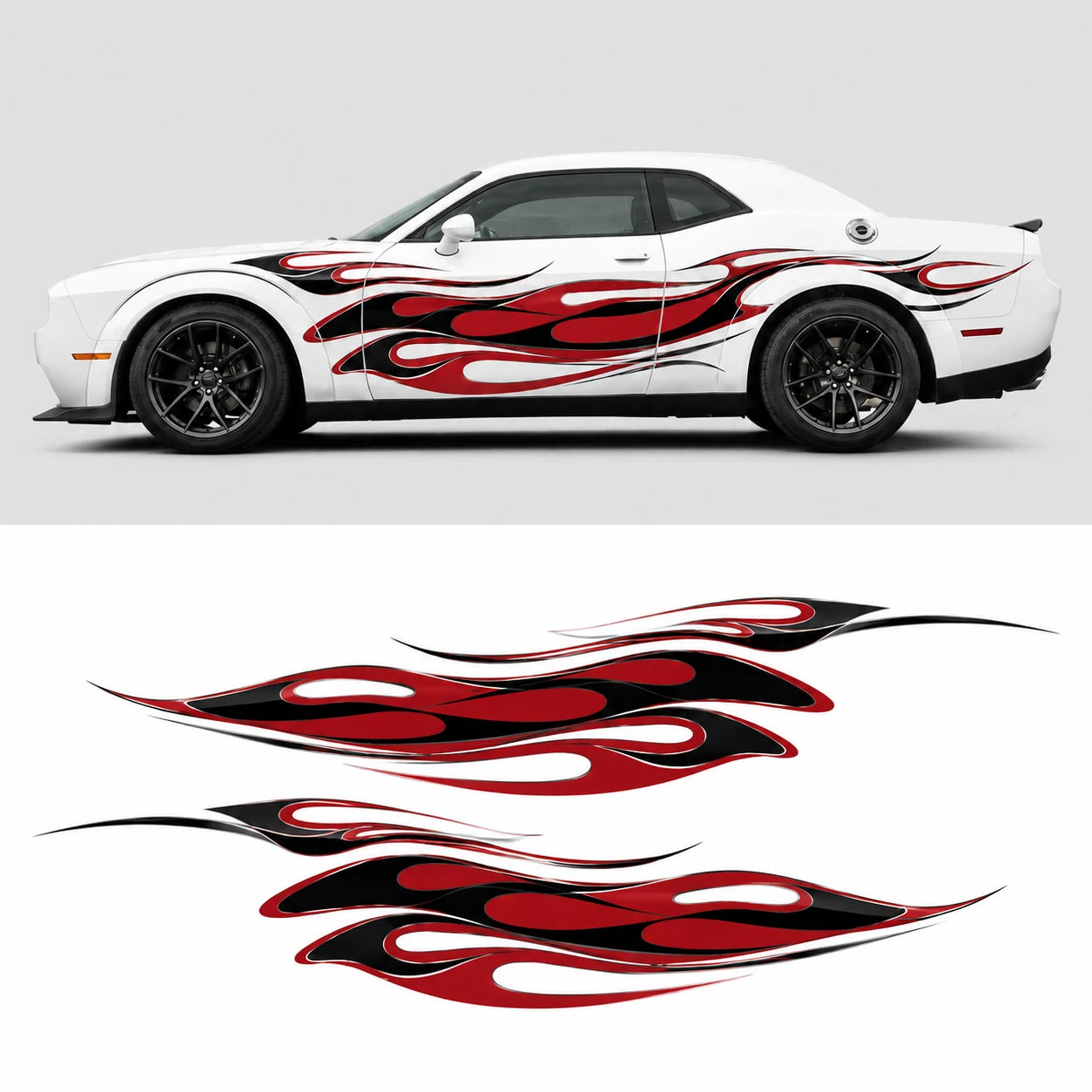 Red black flame side decal on white Dodge Challenger full side view with decal layout