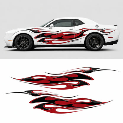 Red black flame side decal on white Dodge Challenger full side view with decal layout
