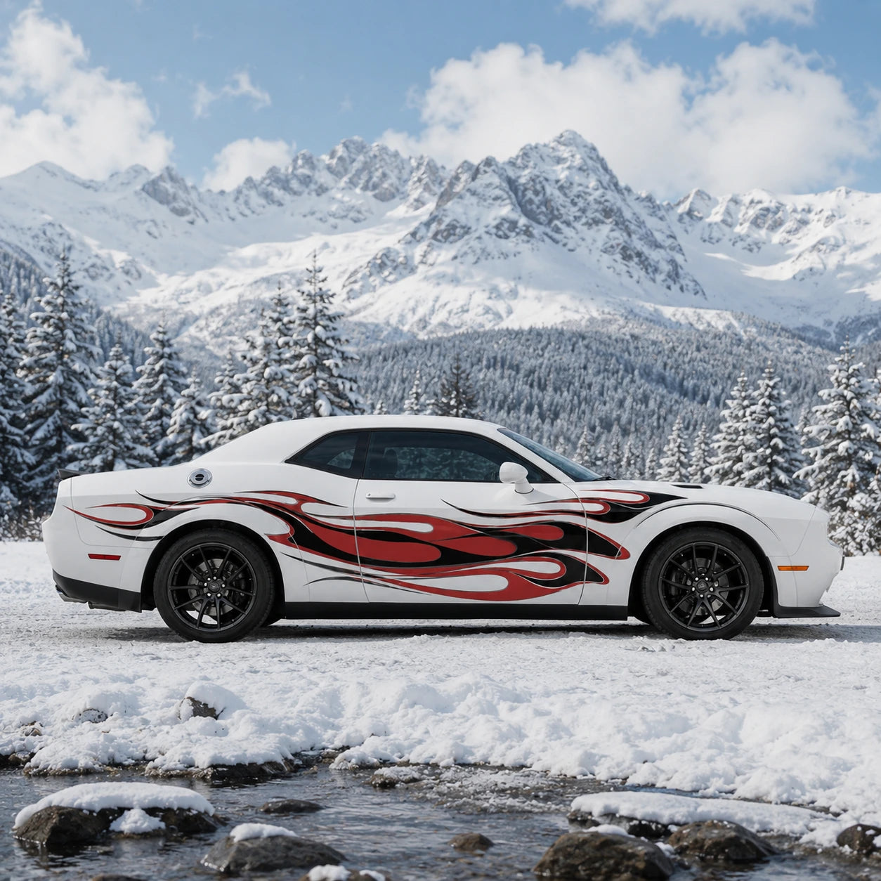 Red flame side decal on white Dodge Challenger snowy mountain background side profile