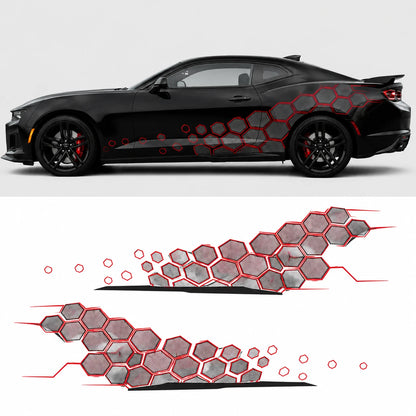 Red honeycomb car side decal mockup on black Chevrolet Camaro ZL1 – side profile with flat left and right decal artwork below