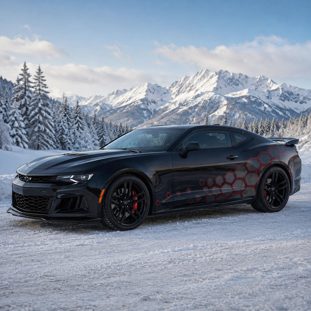 Black Chevrolet Camaro ZL1 with red honeycomb car side decal – front 3/4 view in snowy alpine mountain landscape