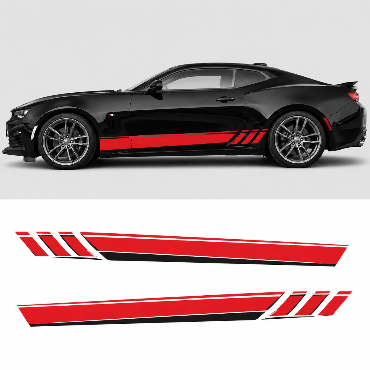 Red racing stripe car side decal mockup on black Chevrolet Camaro – side profile with flat left and right stripe artwork below