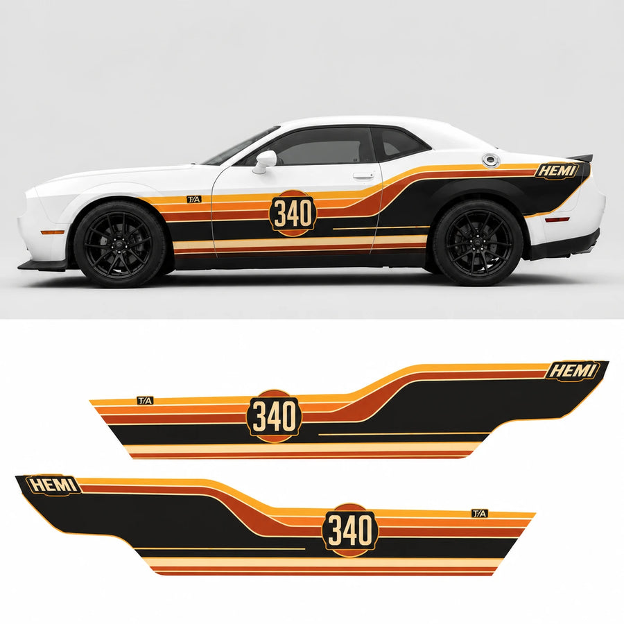 Retro 340 HEMI racing stripe decal flat layout and Dodge Challenger side profile