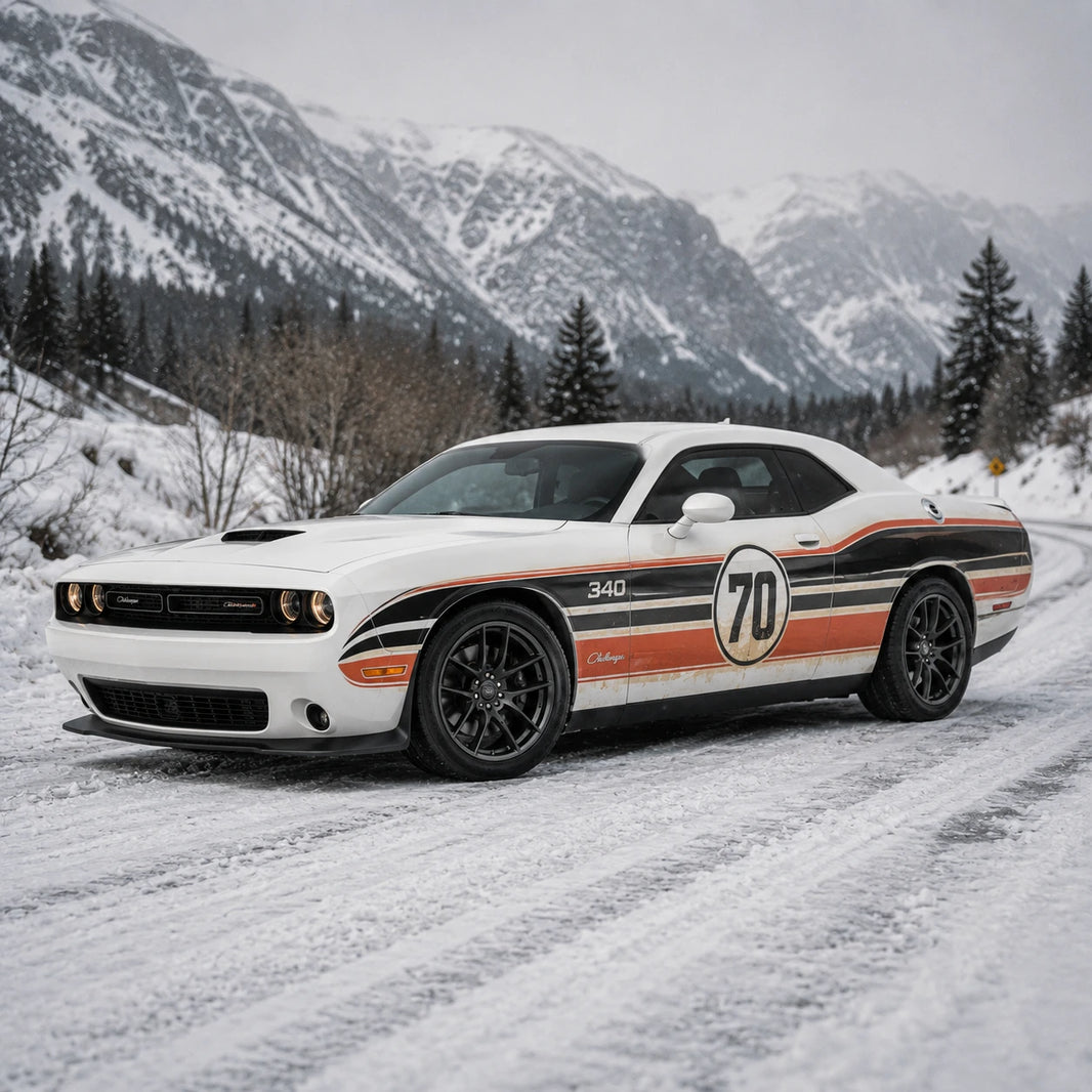Retro 340 racing stripe decal on white Dodge Challenger on snowy mountain road