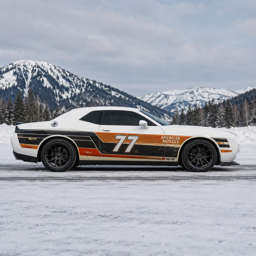 Retro American Muscle 77 racing stripe decal on Dodge Challenger in winter mountain setting