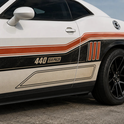 Retro racing stripe side decal on white Dodge Challenger close up 440 Six Pack