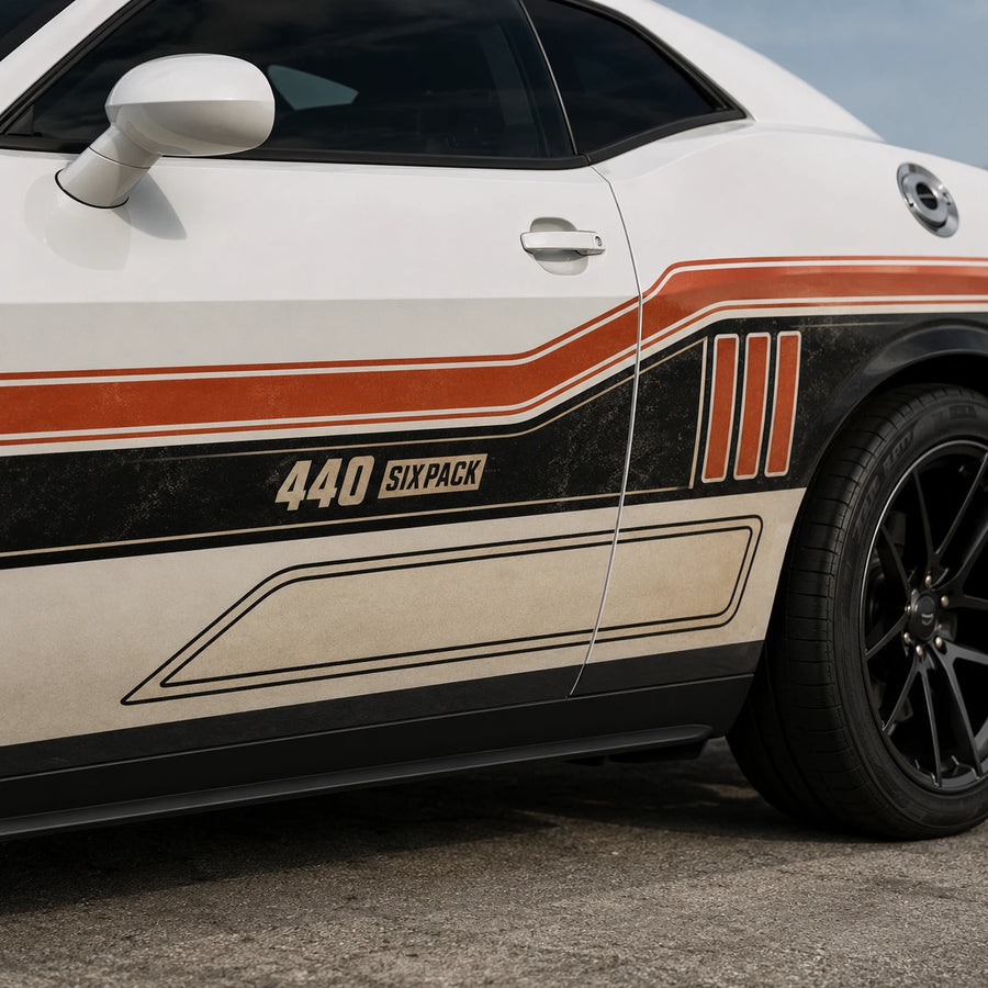 Retro racing stripe side decal on white Dodge Challenger close up 440 Six Pack