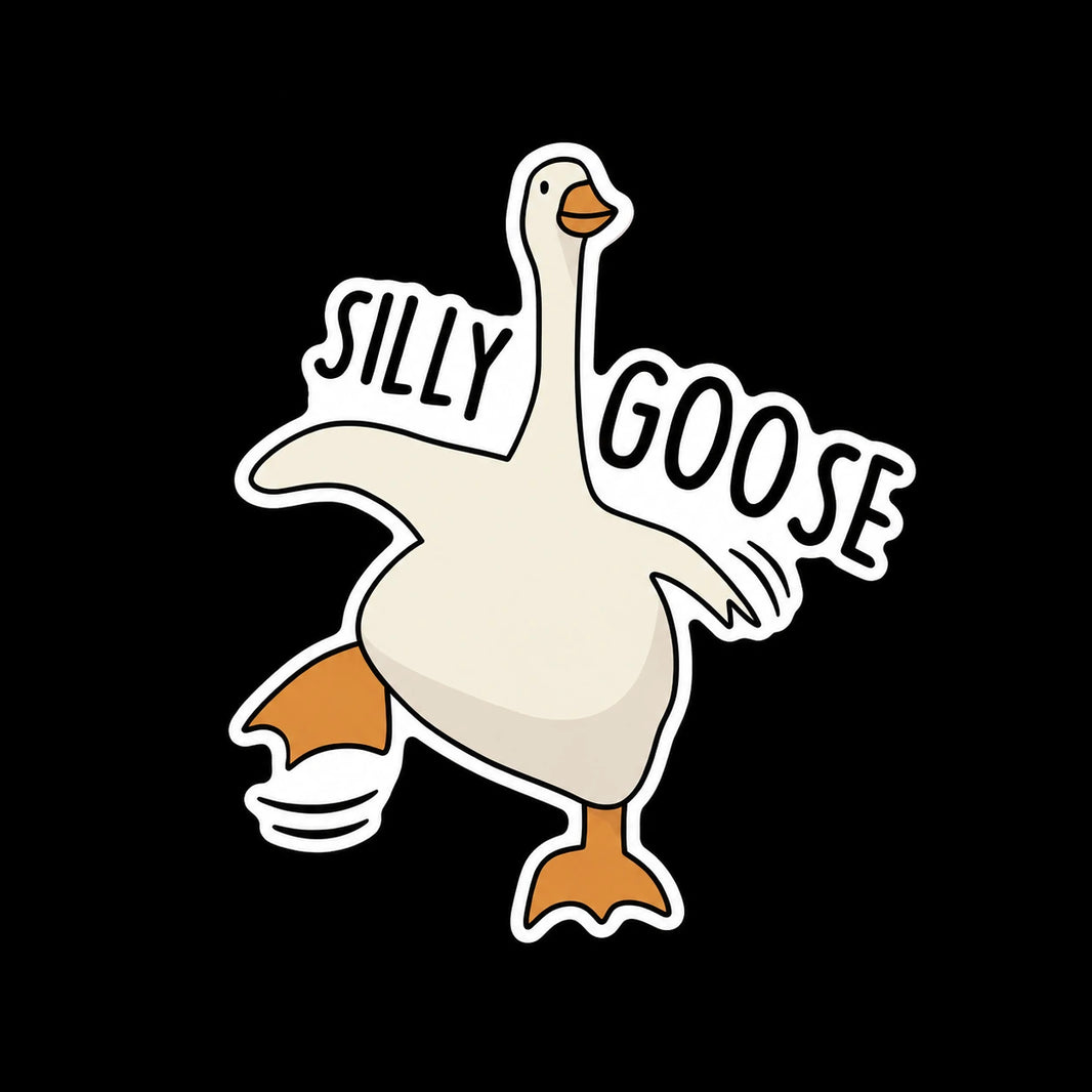 Silly Goose funny cartoon goose car decal design on black background – cute white goose vinyl sticker with bold lettering