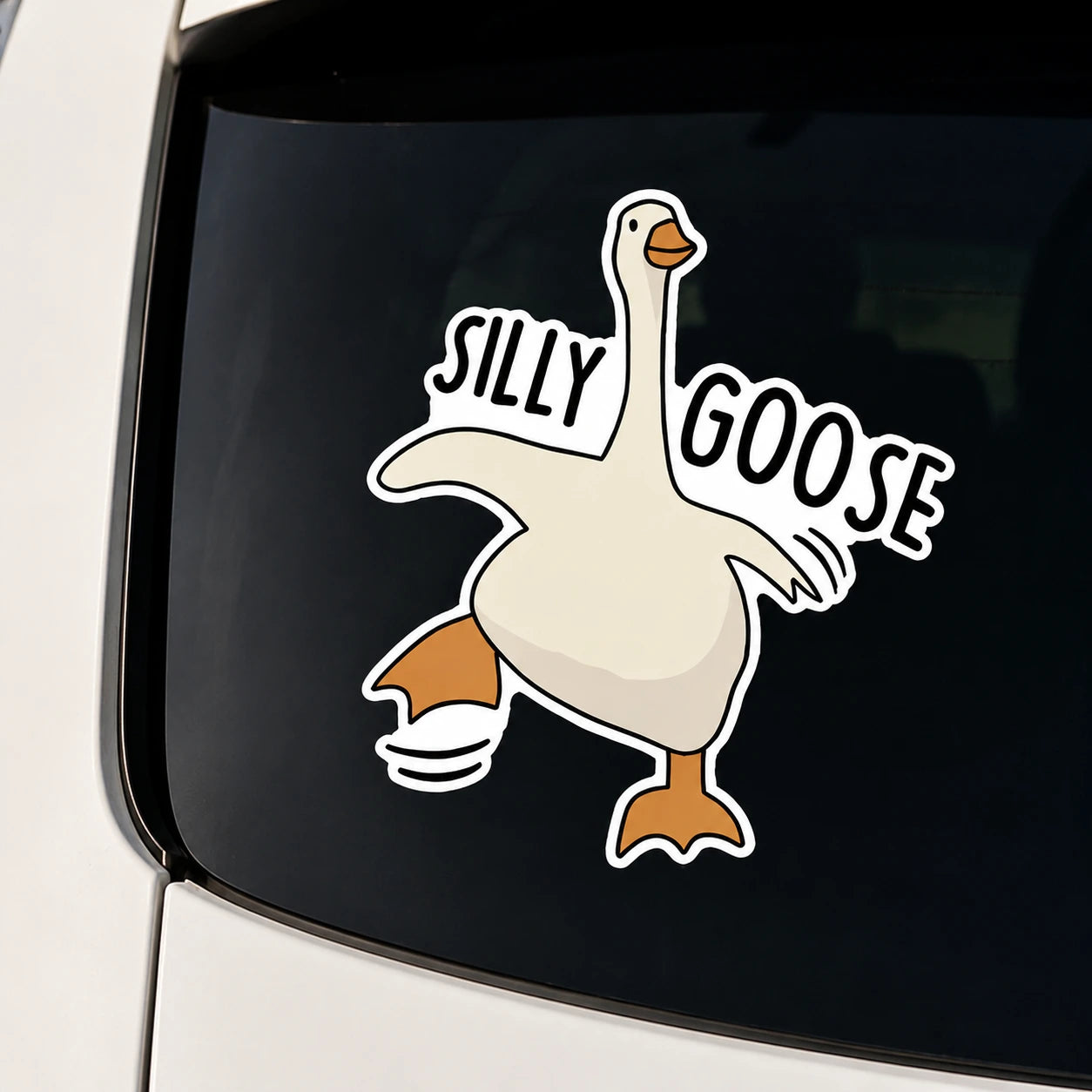 Silly Goose car window decal close-up on dark tinted rear window – funny cute goose vinyl sticker by WEEM Custom