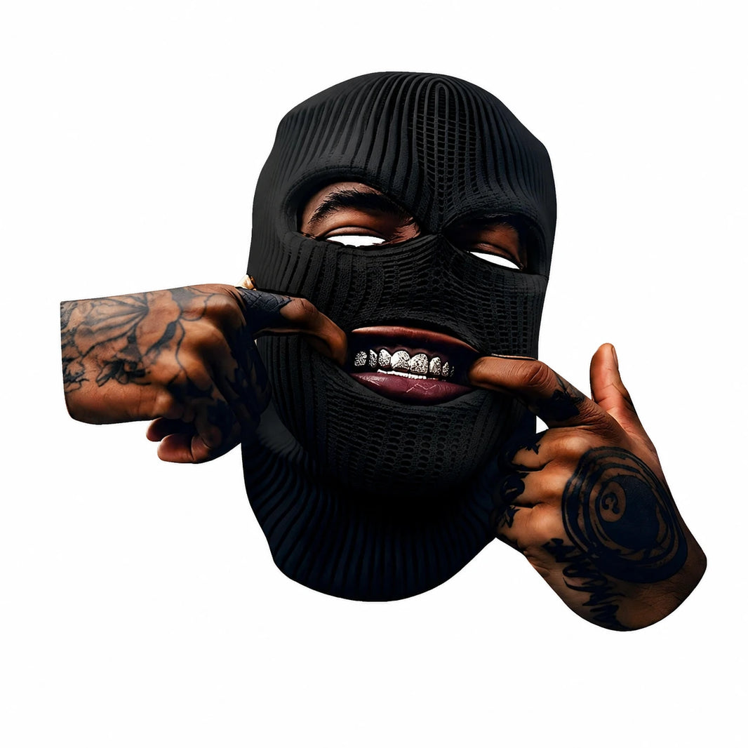 Ski mask tattooed hands vinyl decal design isolated on white background showing full photorealistic figure with black ski mask gold grillz and tattooed hands
