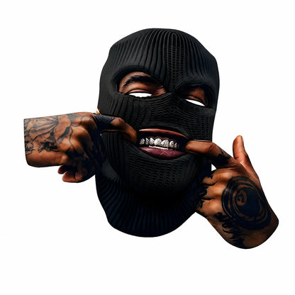 Ski mask tattooed hands vinyl decal design isolated on white background showing full photorealistic figure with black ski mask gold grillz and tattooed hands