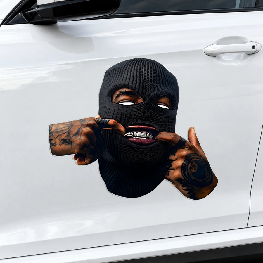 Ski mask tattooed hands vinyl decal close-up on white SUV door panel showing photorealistic black balaclava gold grillz and tattoo detail