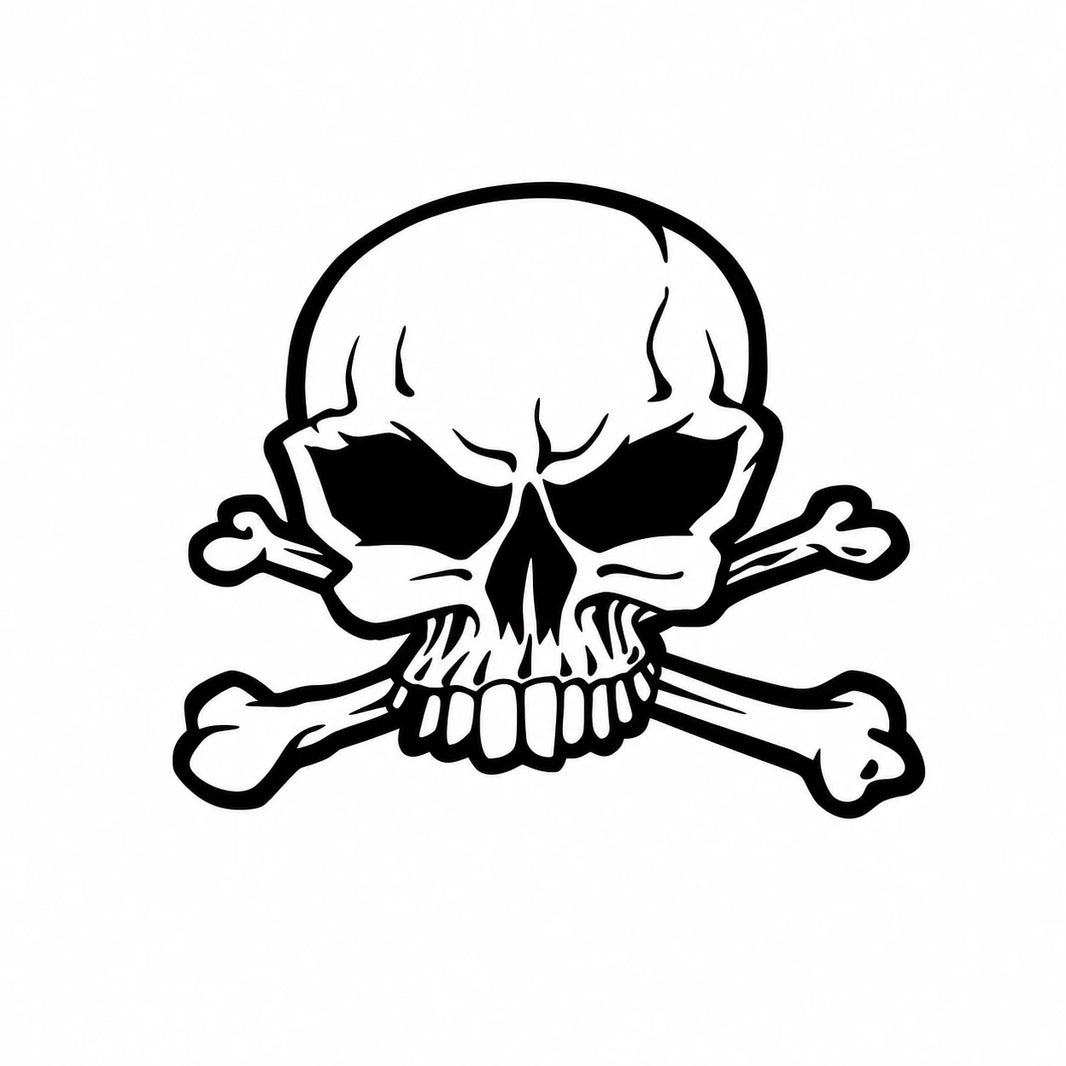 Skull and crossbones vinyl decal design isolated on white background showing full black pirate skull with crossed bones