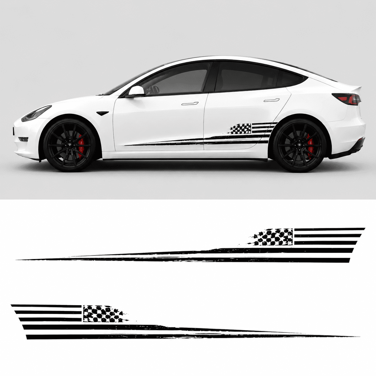 Tesla Model 3 American flag side decal kit design preview showing full graphic layout and both-side stripe pattern
