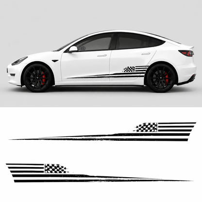 Tesla Model 3 American flag side decal kit design preview showing full graphic layout and both-side stripe pattern