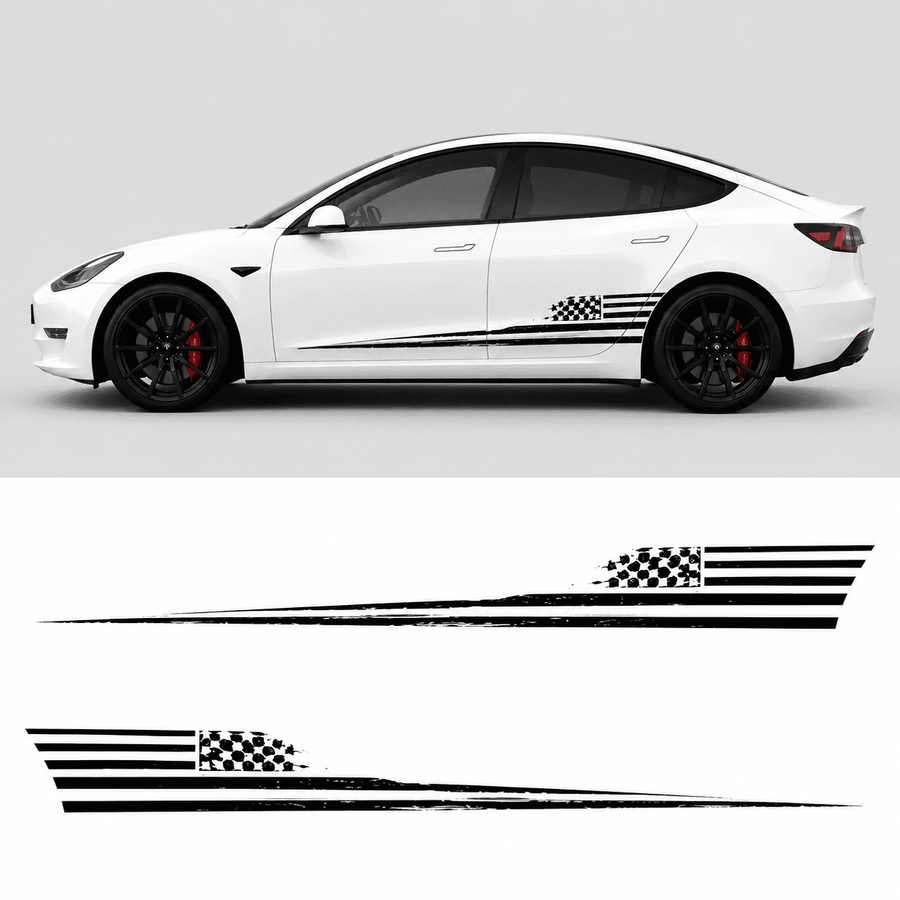 Tesla Model 3 American flag side decal kit design preview showing full graphic layout and both-side stripe pattern