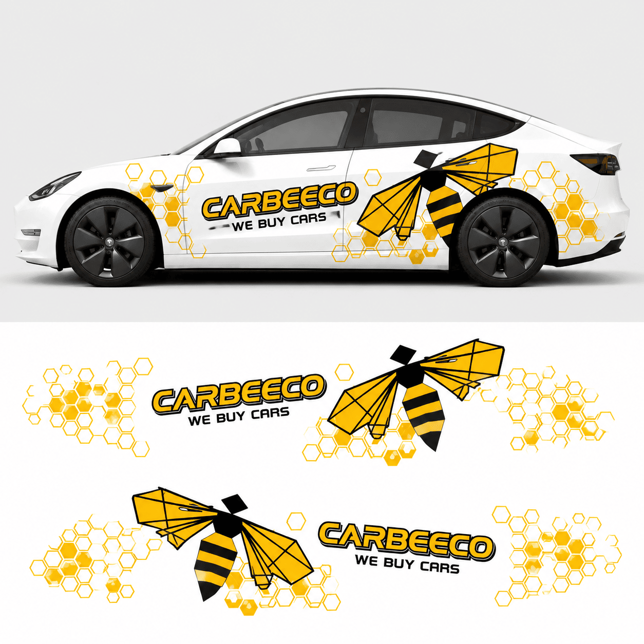 Tesla Model 3 bee theme side decal kit design preview showing full graphic layout with both-side honeycomb pattern`