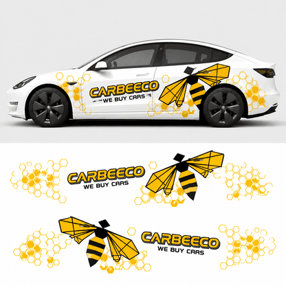 Tesla Model 3 bee theme side decal kit design preview showing full graphic layout with both-side honeycomb pattern`