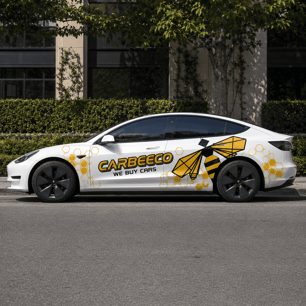 Tesla Model 3 with bee theme honeycomb vinyl side decal parked on urban street in summer setting