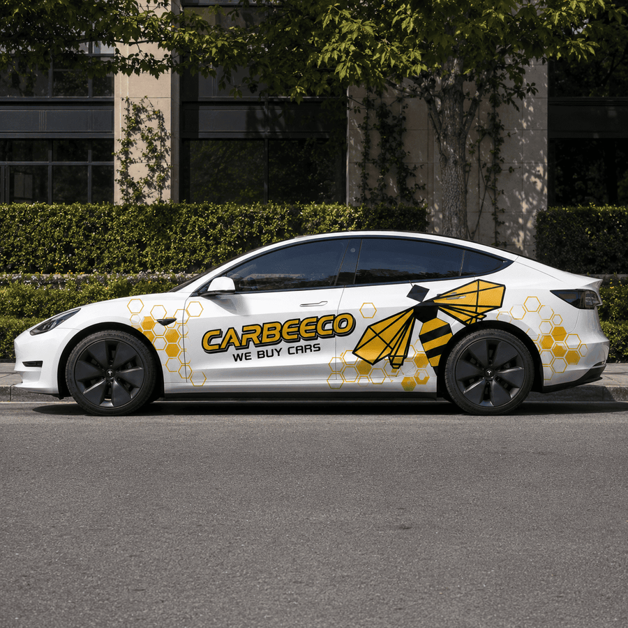 Tesla Model 3 with bee theme honeycomb vinyl side decal parked on urban street in summer setting