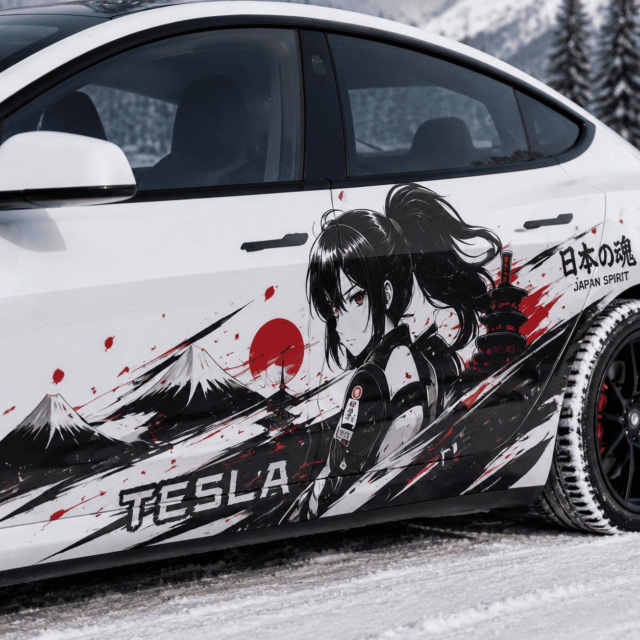 Close-up of Tesla Model 3 Japan Spirit anime side decal featuring samurai girl and red sun in alpine snow setting