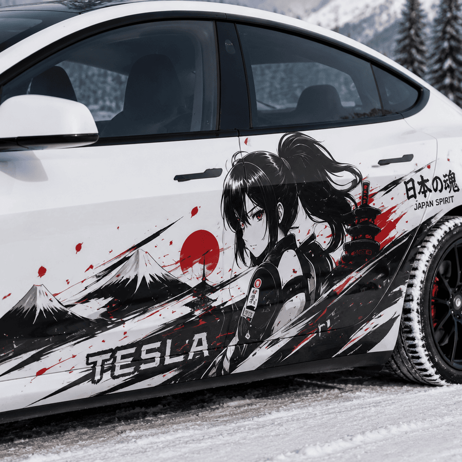 Close-up of Tesla Model 3 Japan Spirit anime side decal featuring samurai girl and red sun in alpine snow setting
