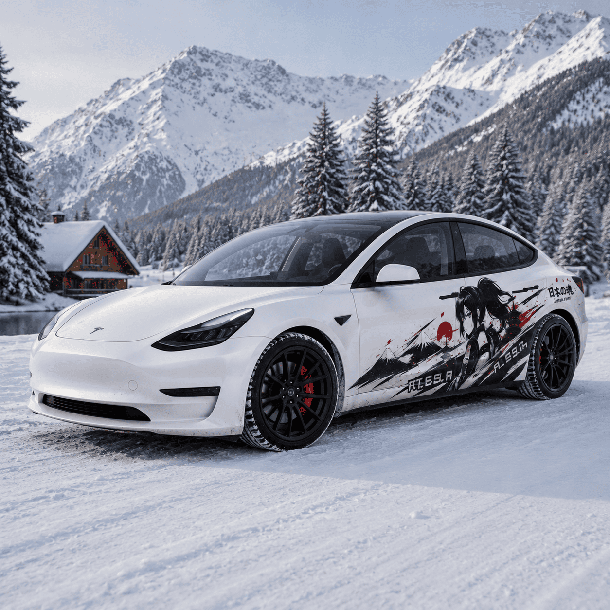 Tesla Model 3 Japan Spirit samurai decal kit front three-quarter view in snowy alpine chalet setting